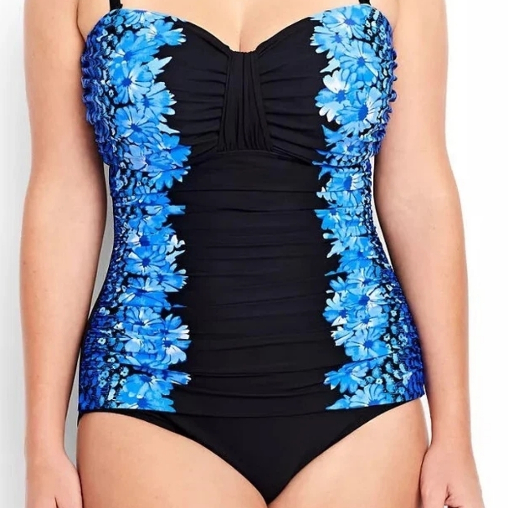 Lands' End Bandeau Jubilee Daisy Ruched One Piece Swimsuit Underwire